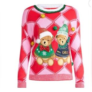NWT Teddy Knit Sweater Holiday Time Embellished Pink and Red Pullover Christmas